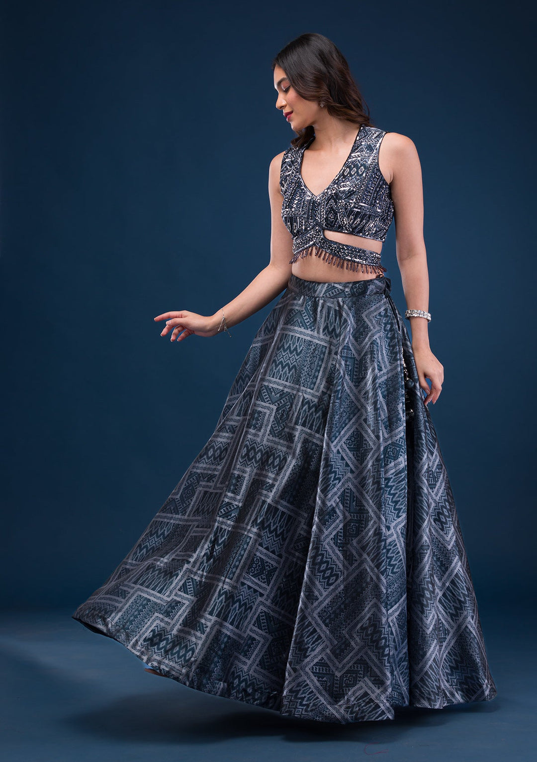 Black Sequins Semi Crepe Readymade Lehenga-Koskii