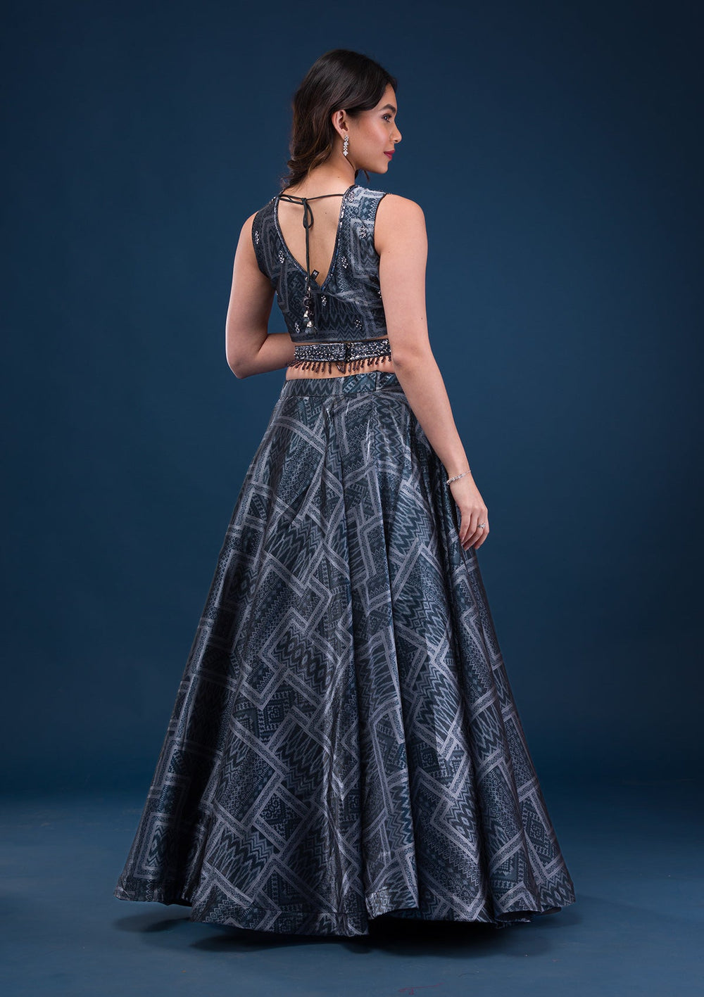 Black Sequins Semi Crepe Readymade Lehenga-Koskii