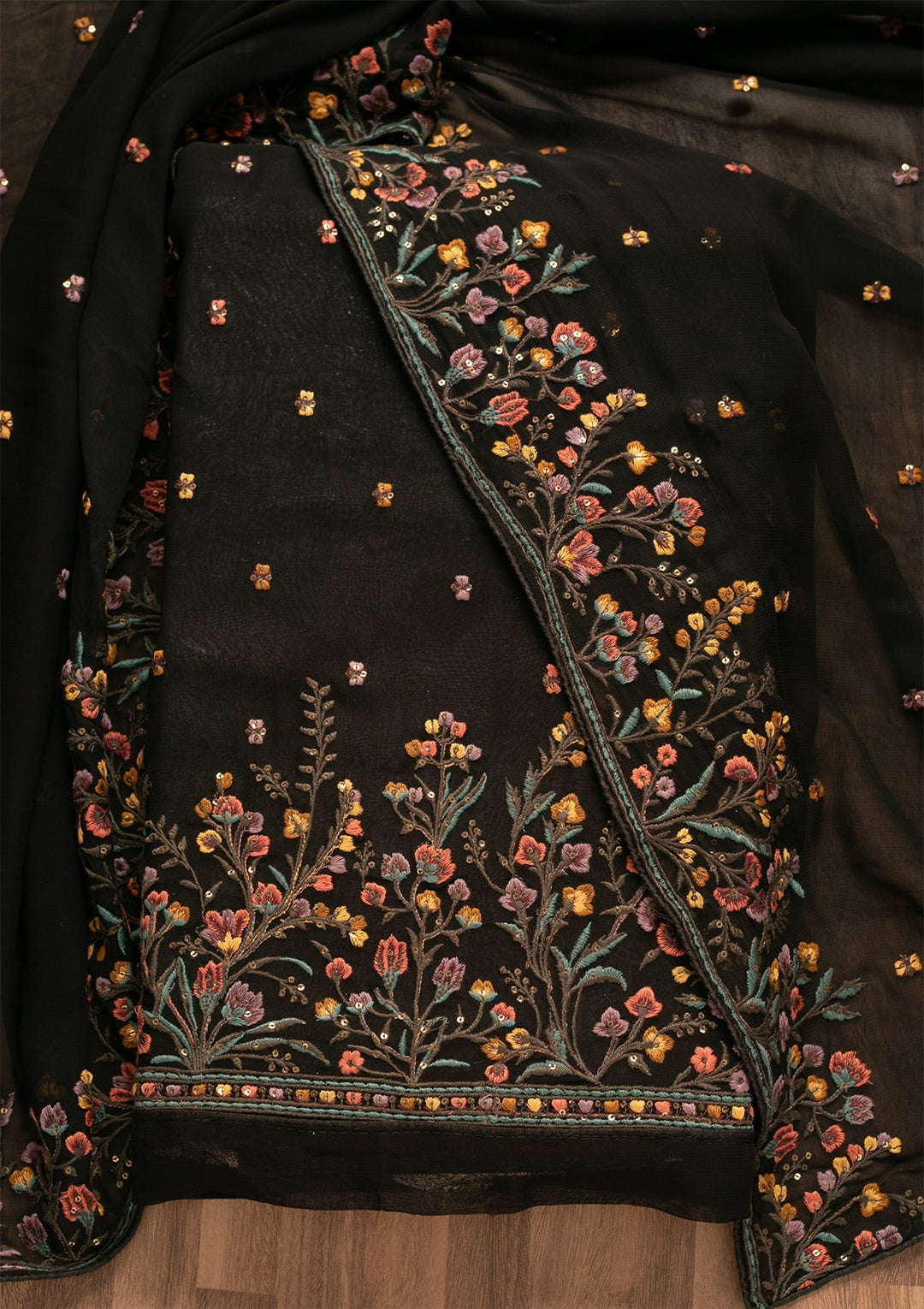 Black Threadwork Georgette Unstitched Salwar Kameez-Koskii