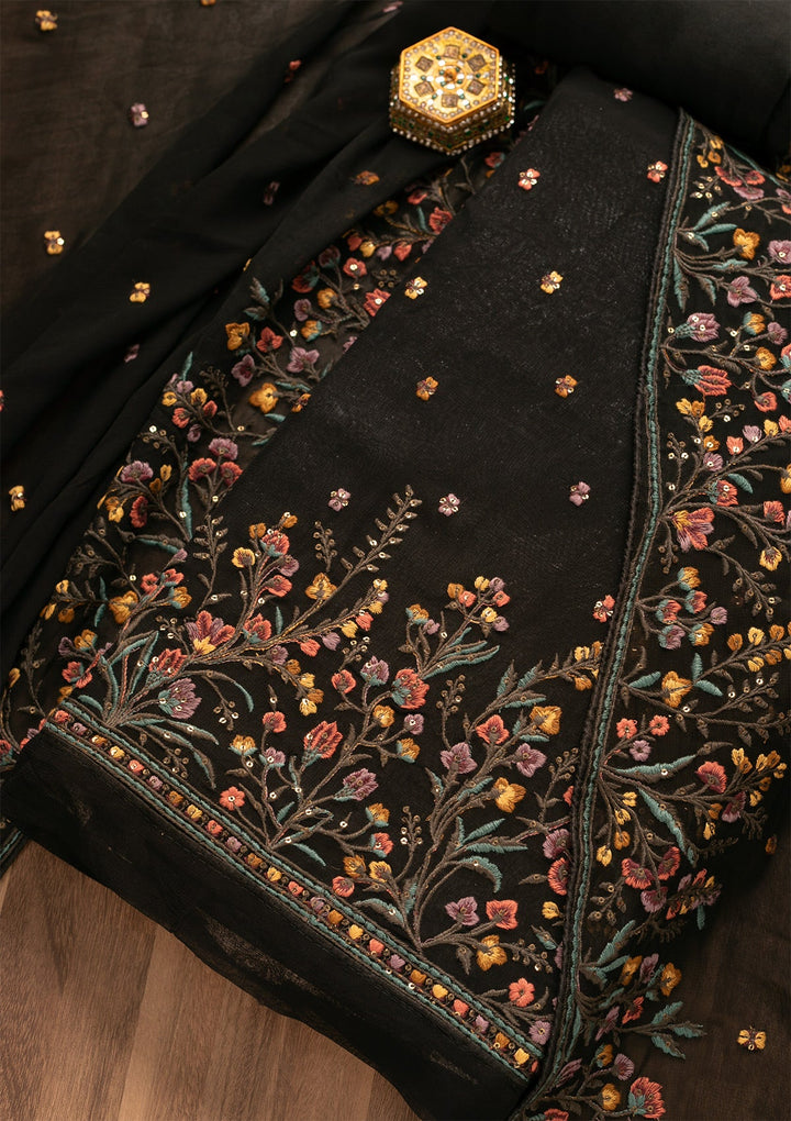 Black Threadwork Georgette Unstitched Salwar Kameez-Koskii