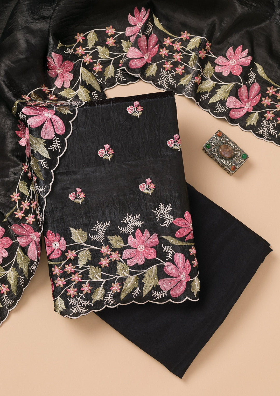 Black Threadwork Organza Unstitched Salwar Suit-Koskii