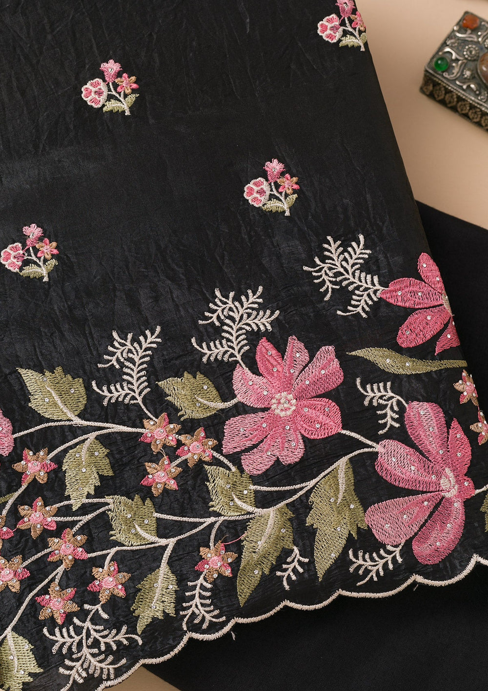 Black Threadwork Organza Unstitched Salwar Suit-Koskii