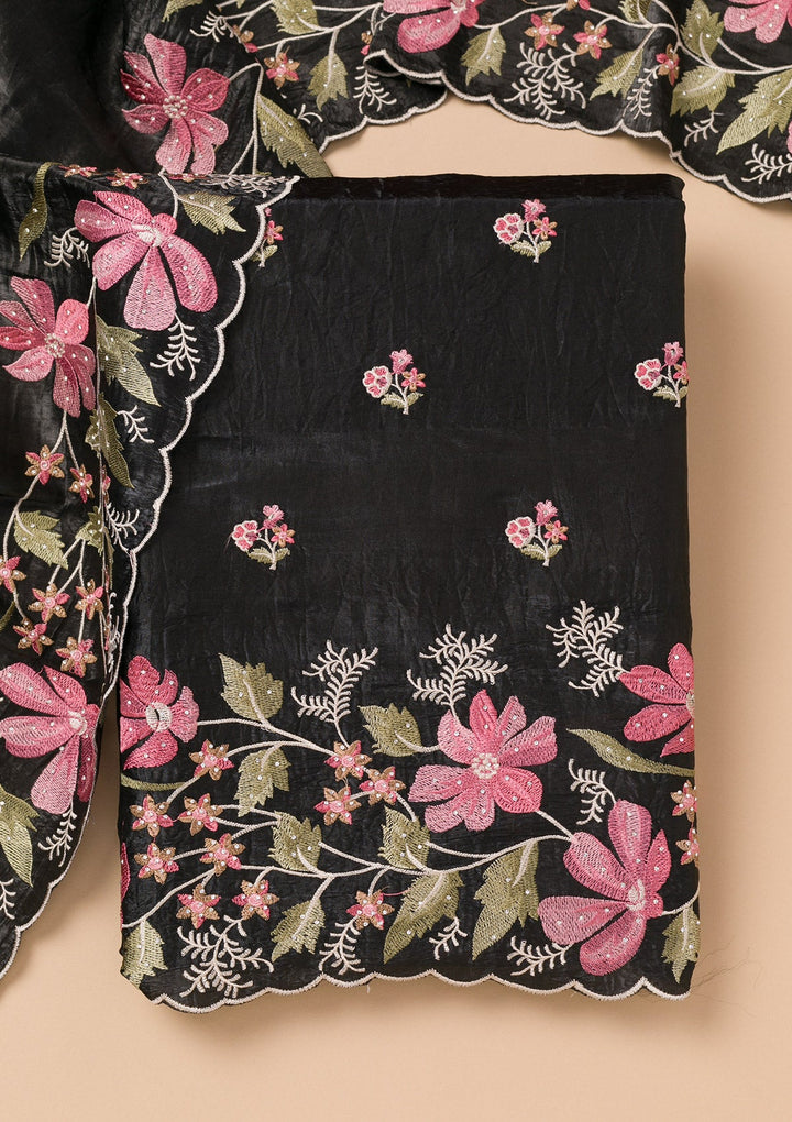 Black Threadwork Organza Unstitched Salwar Suit-Koskii