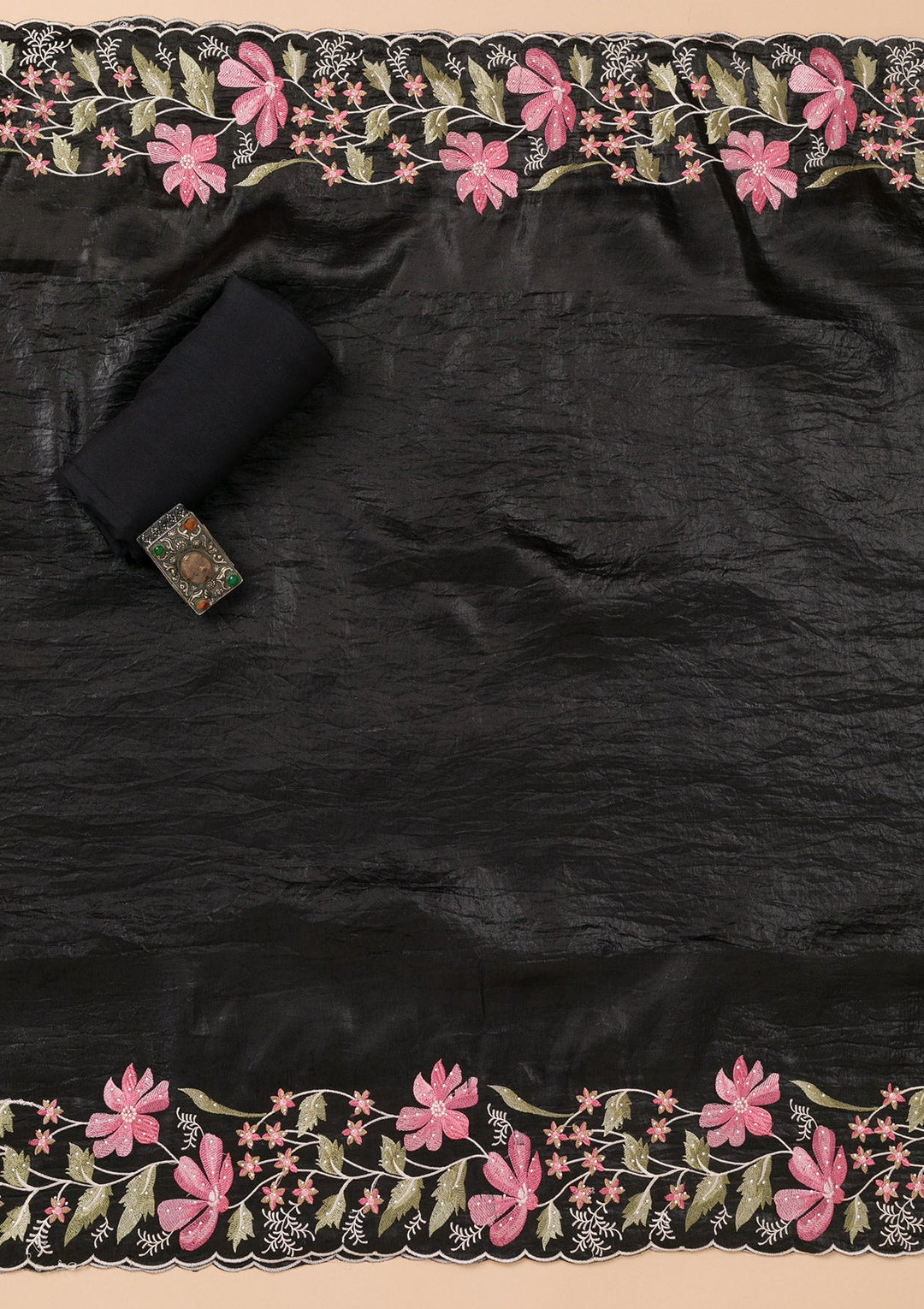 Black Threadwork Organza Unstitched Salwar Suit-Koskii