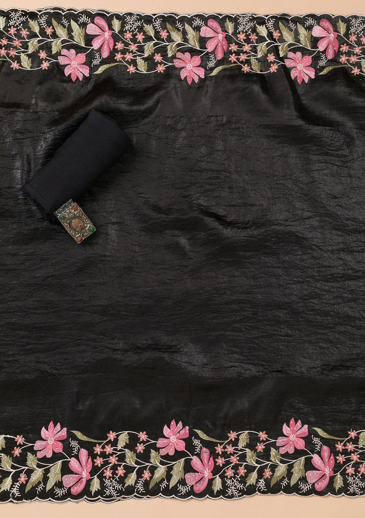 Black Threadwork Organza Unstitched Salwar Suit-Koskii