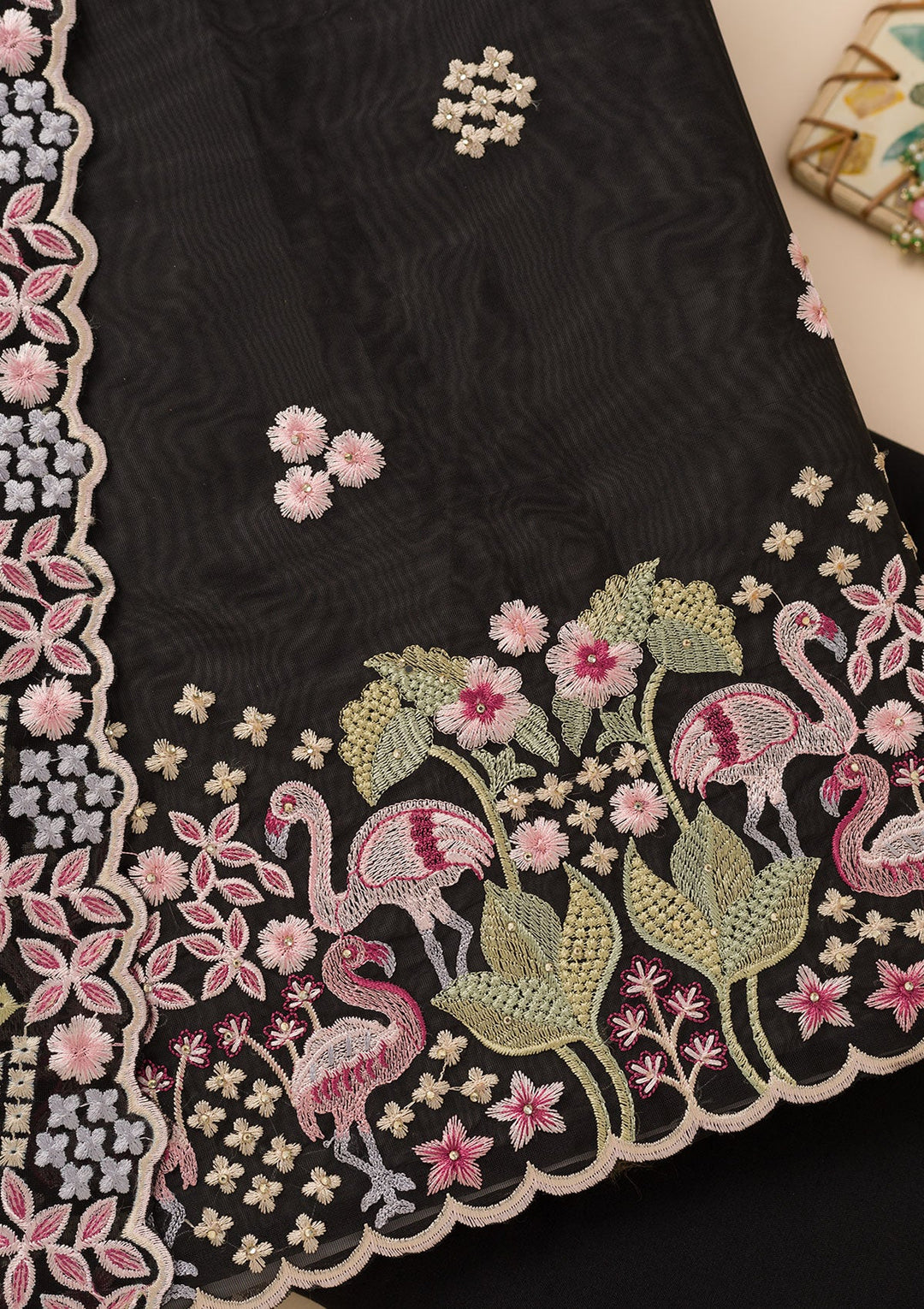 Black Threadwork Tissue Unstitched Salwar Suit