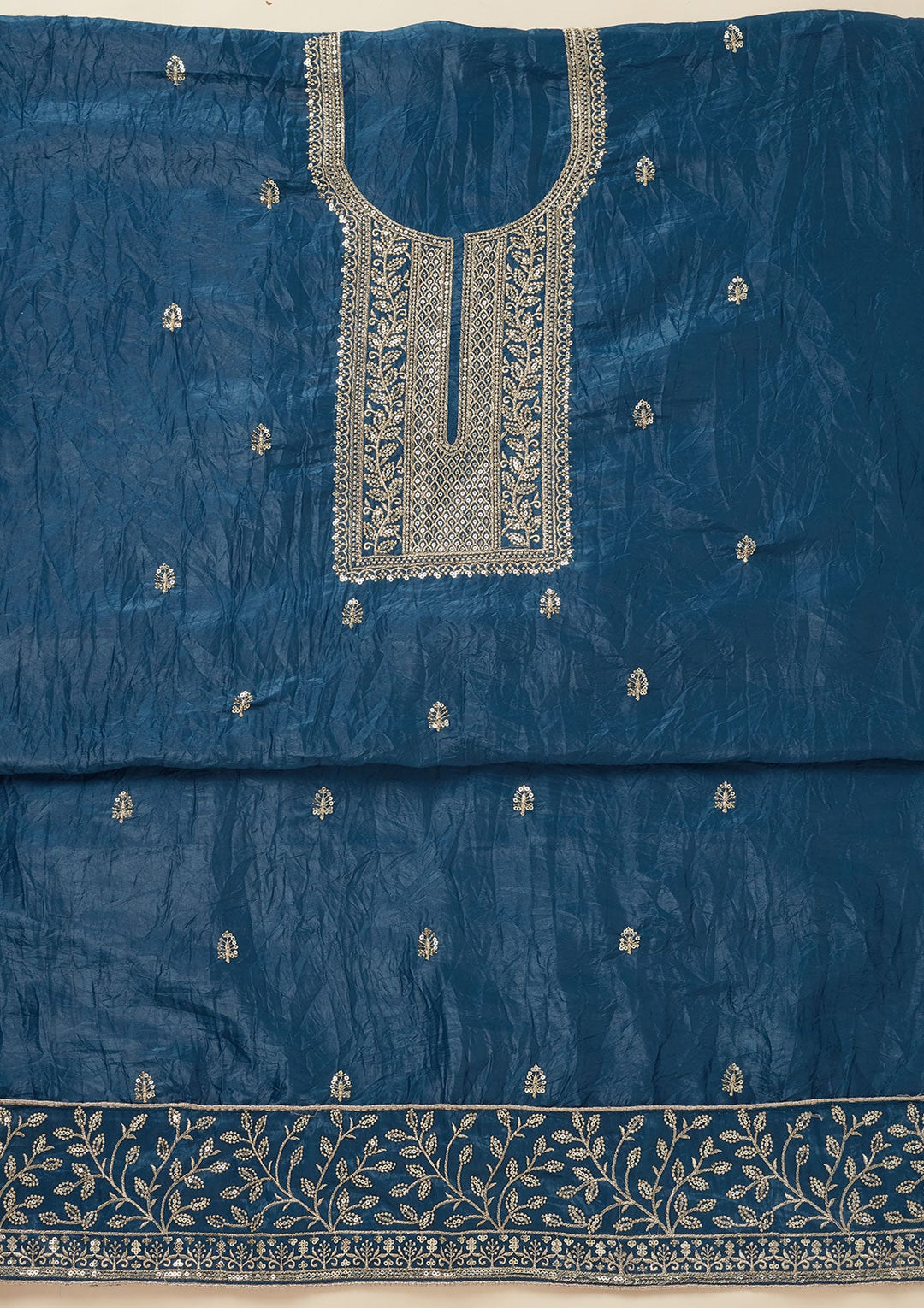 Blue Threadwork Semi Crepe Unstitched Salwar Suit-Koskii
