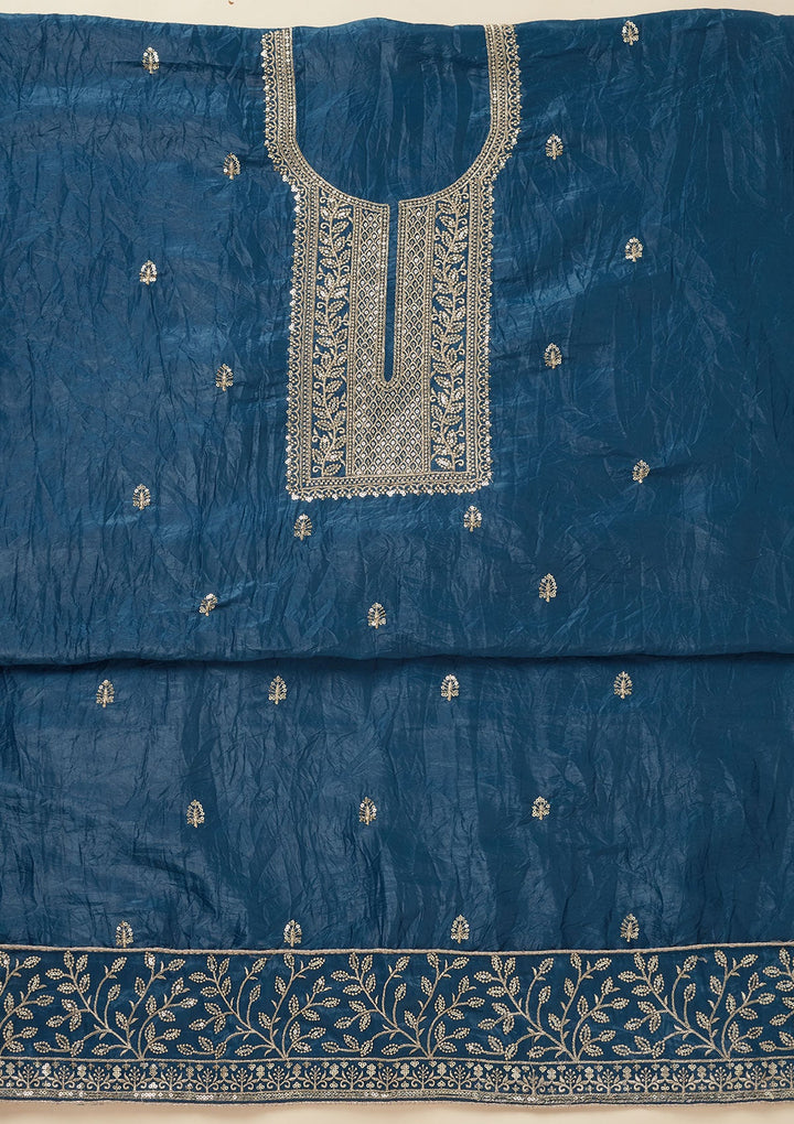 Blue Threadwork Semi Crepe Unstitched Salwar Suit-Koskii