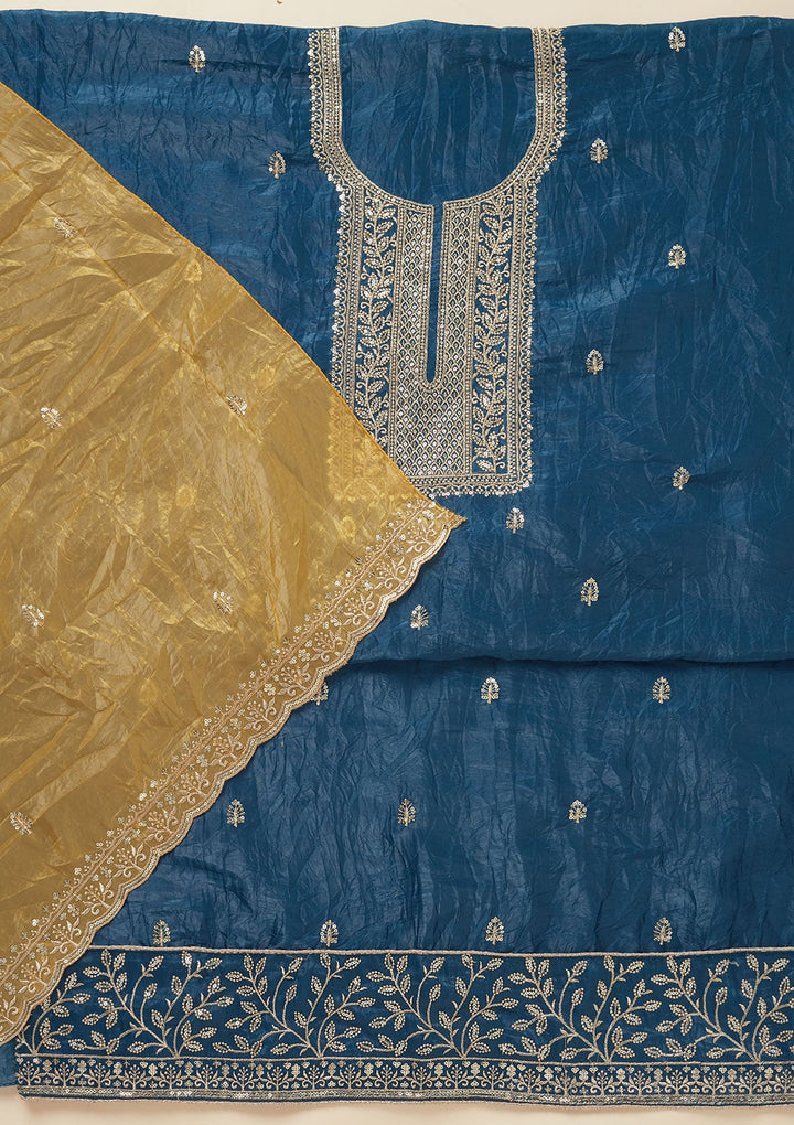 Blue Threadwork Semi Crepe Unstitched Salwar Suit-Koskii