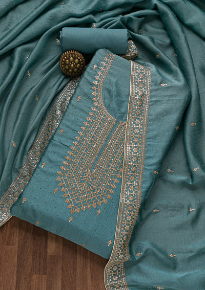 Blue Zariwork Raw Silk Unstitched Salwar Suit-Koskii