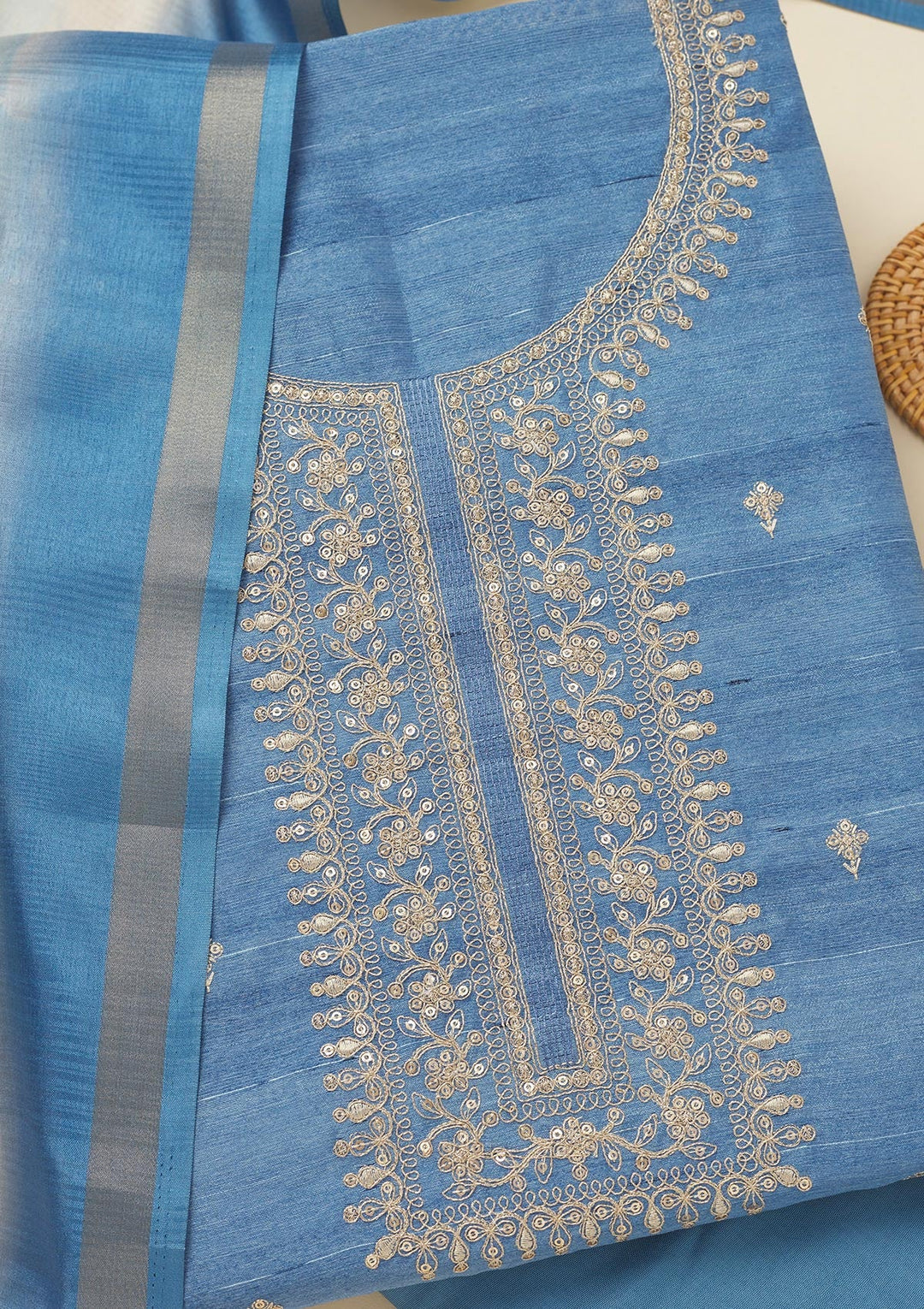 Blue Zariwork Raw Silk Unstitched Salwar Suit-Koskii