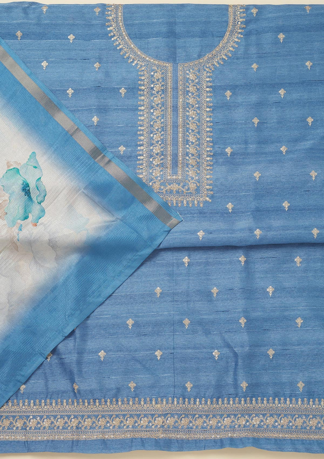 Blue Zariwork Raw Silk Unstitched Salwar Suit-Koskii