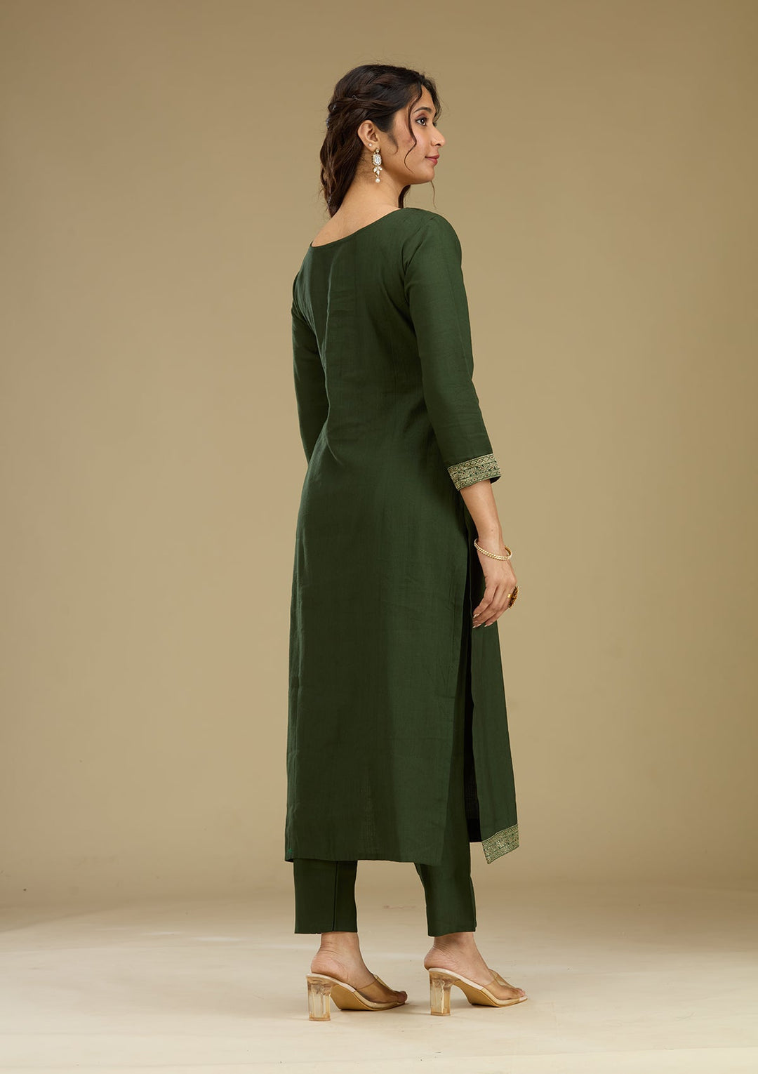Bottle Green Zariwork Semi Crepe Readymade Salwar Suit-Koskii