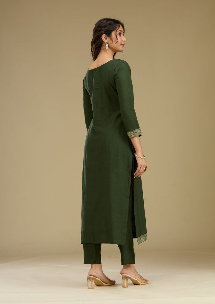 Bottle Green Zariwork Semi Crepe Readymade Salwar Suit-Koskii