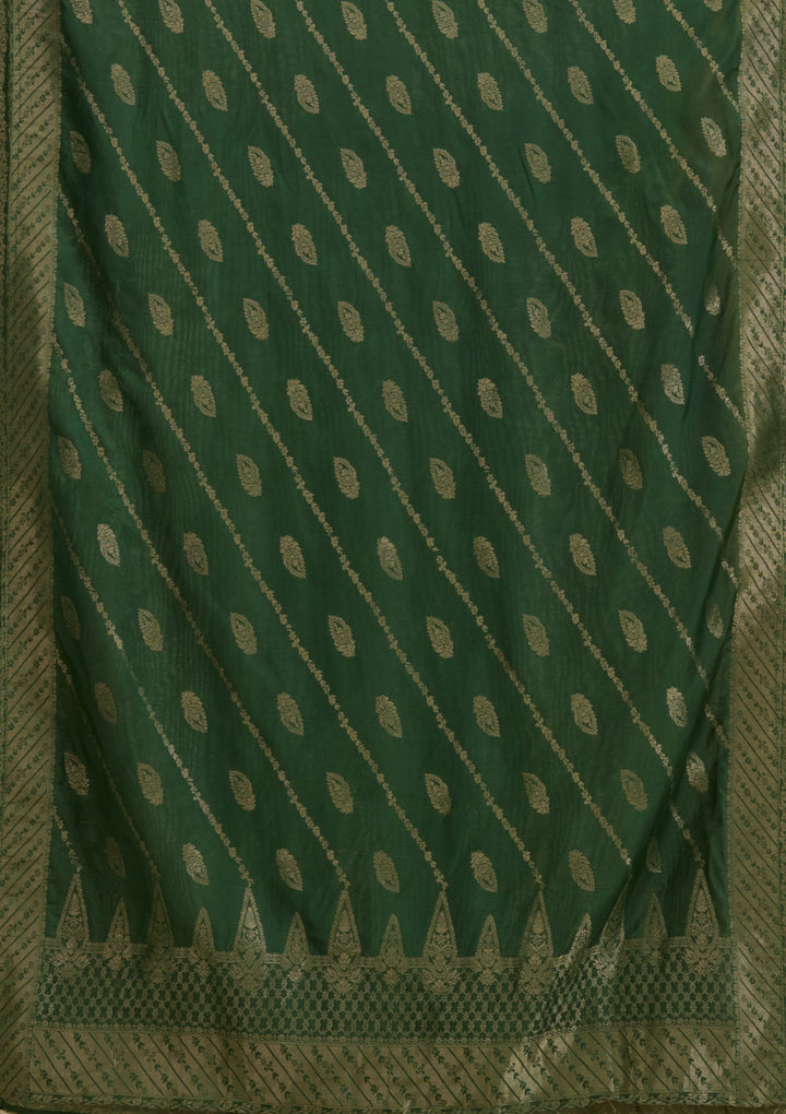 Bottle Green Zariwork Semi Crepe Readymade Salwar Suit-Koskii