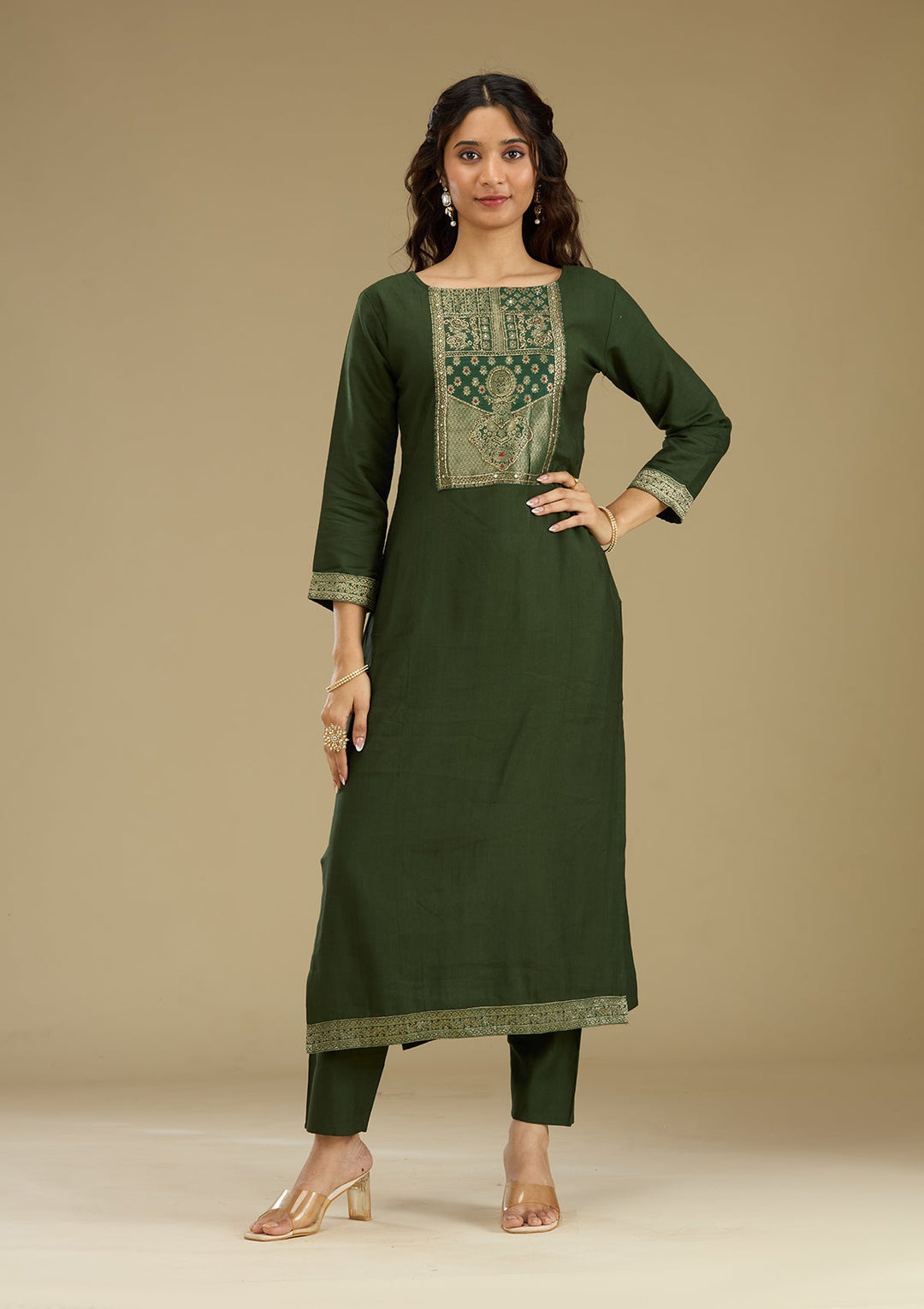 Bottle Green Zariwork Semi Crepe Readymade Salwar Suit-Koskii