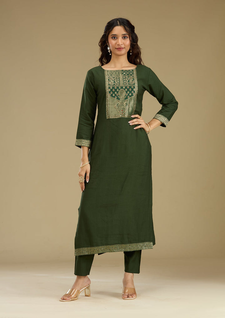 Bottle Green Zariwork Semi Crepe Readymade Salwar Suit-Koskii