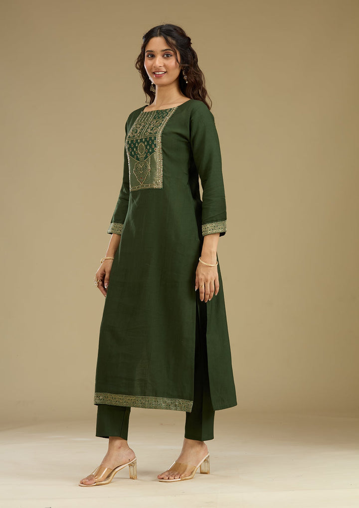 Bottle Green Zariwork Semi Crepe Readymade Salwar Suit-Koskii