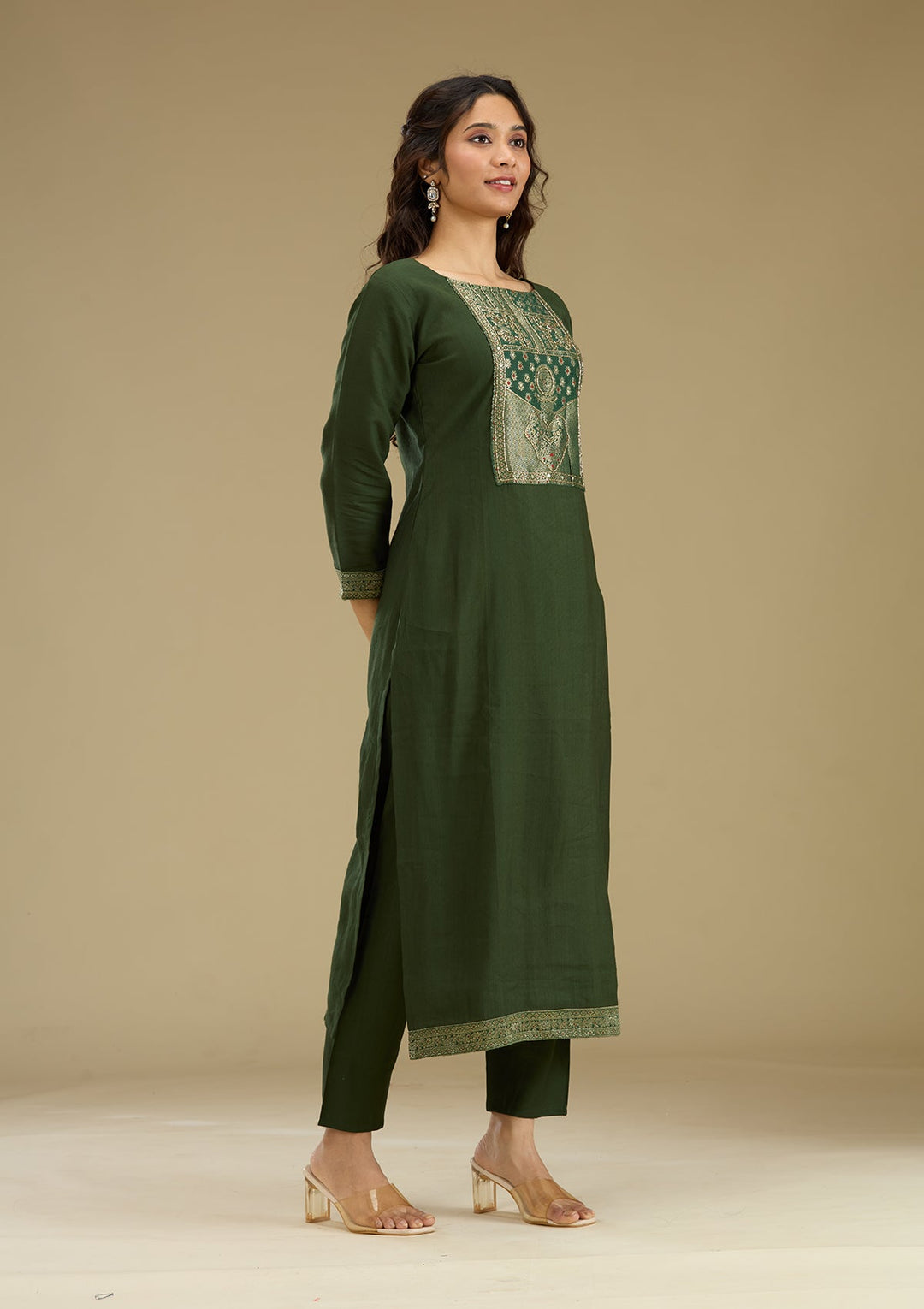 Bottle Green Zariwork Semi Crepe Readymade Salwar Suit-Koskii