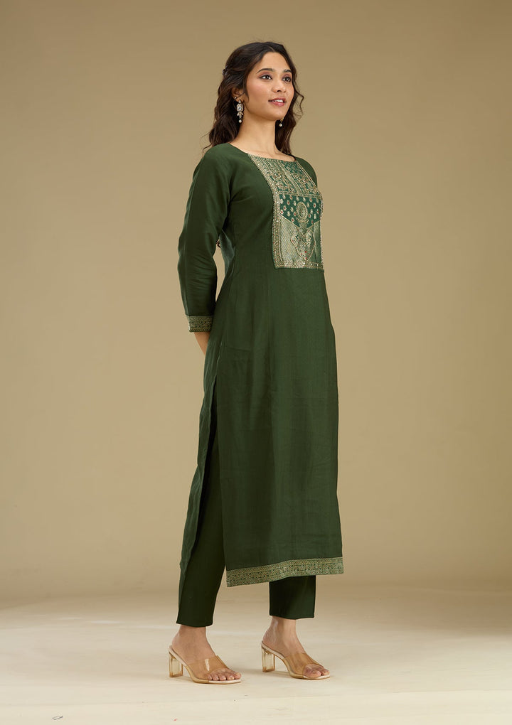 Bottle Green Zariwork Semi Crepe Readymade Salwar Suit-Koskii