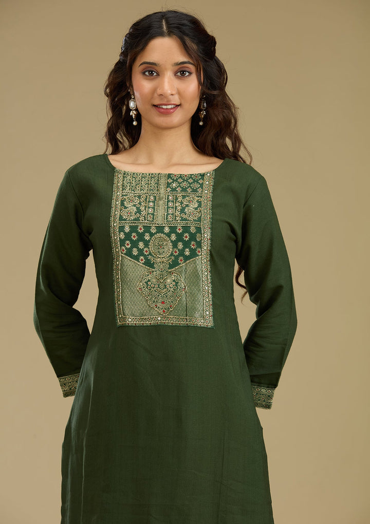 Bottle Green Zariwork Semi Crepe Readymade Salwar Suit-Koskii