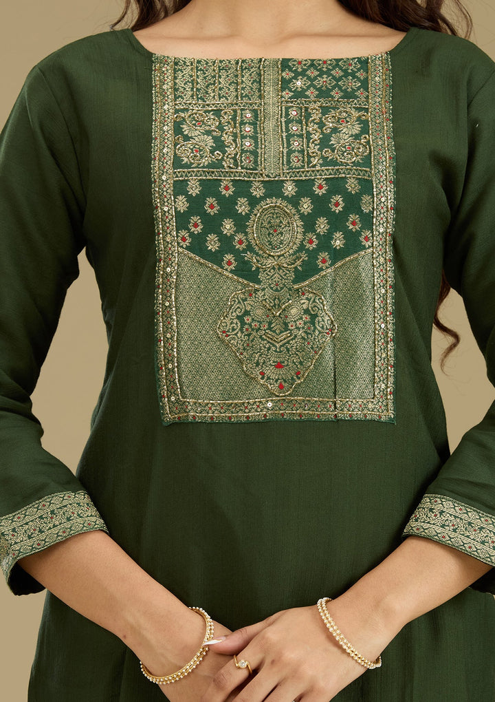 Bottle Green Zariwork Semi Crepe Readymade Salwar Suit-Koskii