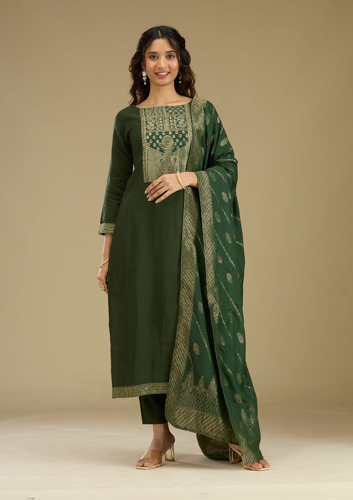Bottle Green Zariwork Semi Crepe Readymade Salwar Suit-Koskii