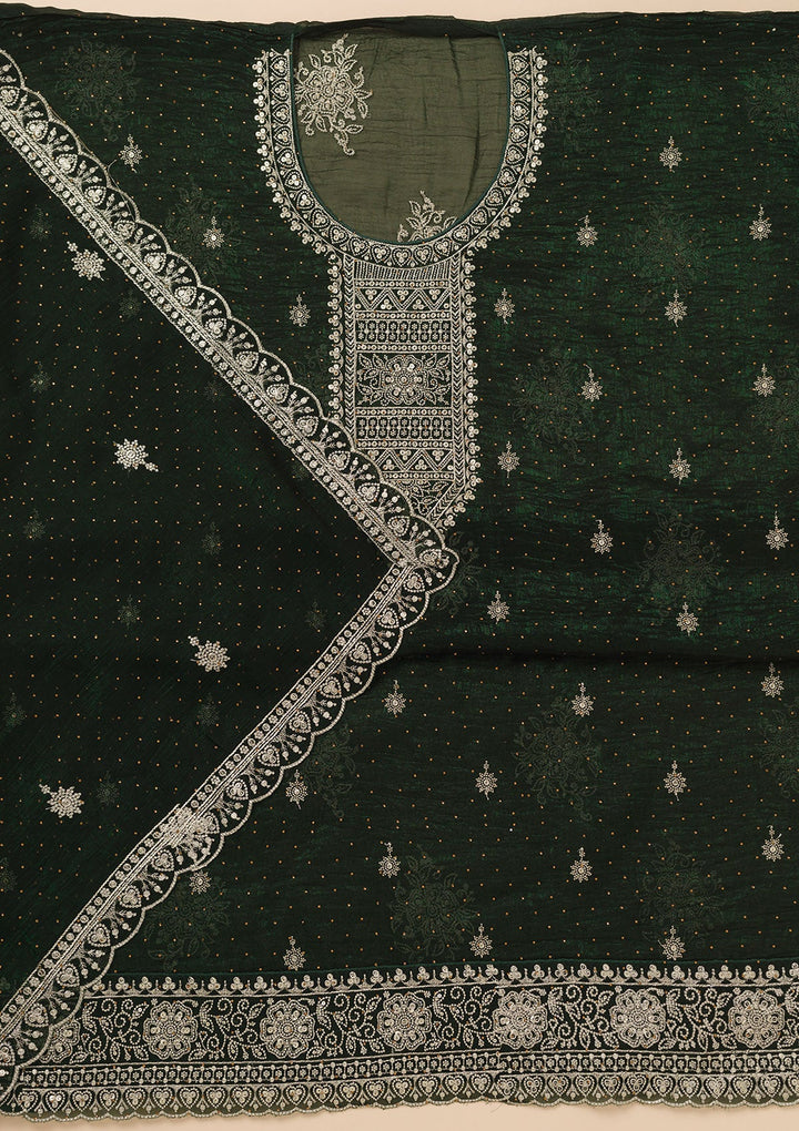 Bottle Green Zariwork Art Silk Unstitched Salwar Suit