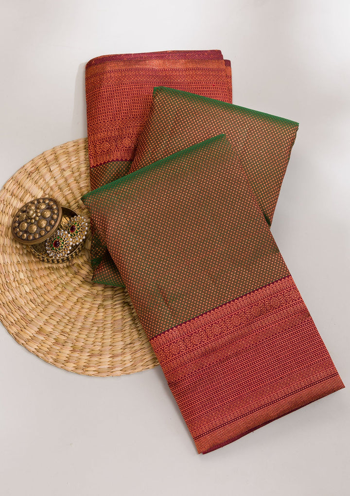 Bottle Green Zariwork Pure Silk Saree-Koskii