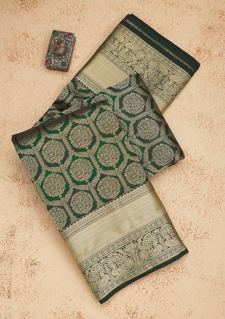 Bottle Green Zariwork Pure Silk Saree-Koskii