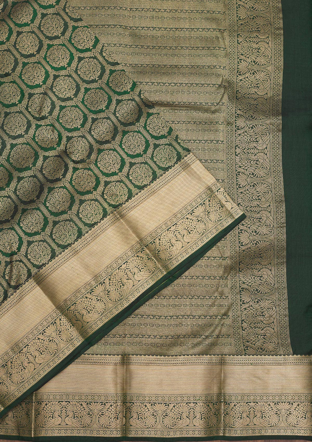 Bottle Green Zariwork Pure Silk Saree-Koskii