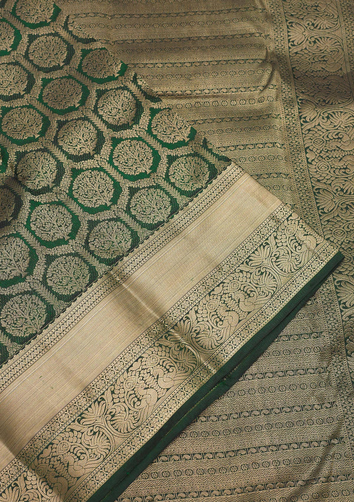 Bottle Green Zariwork Pure Silk Saree-Koskii