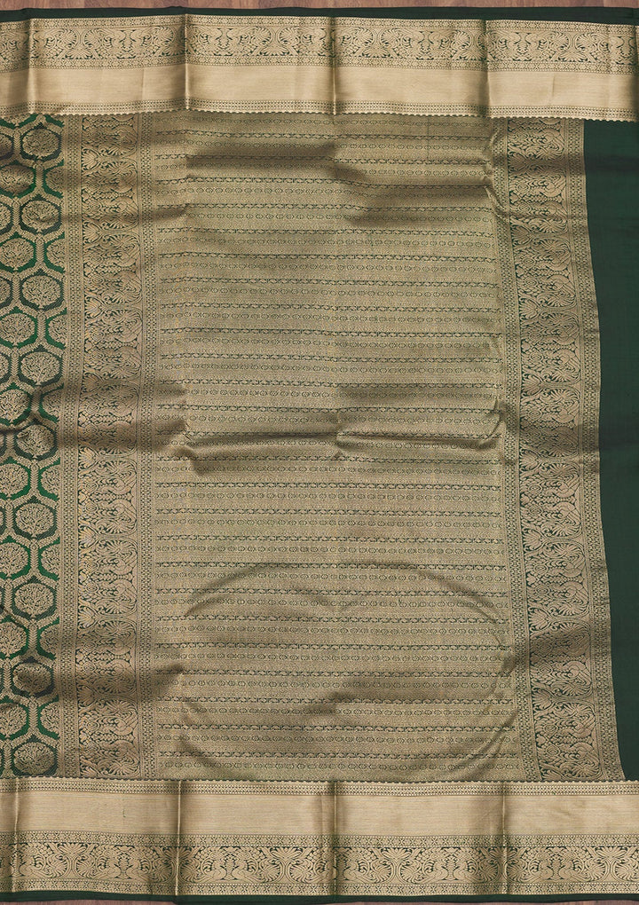 Bottle Green Zariwork Pure Silk Saree-Koskii