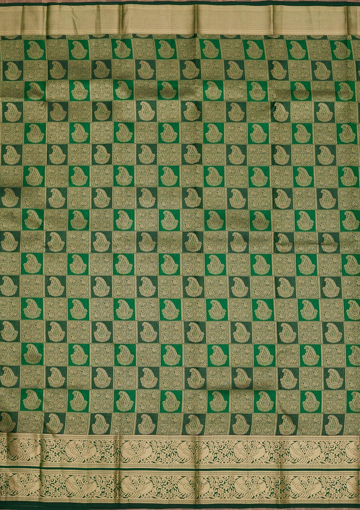 Bottle Green Zariwork Pure Silk Saree-Koskii