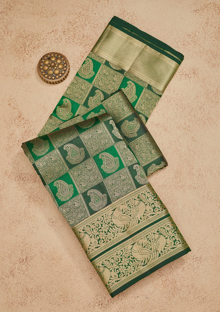 Bottle Green Zariwork Pure Silk Saree-Koskii