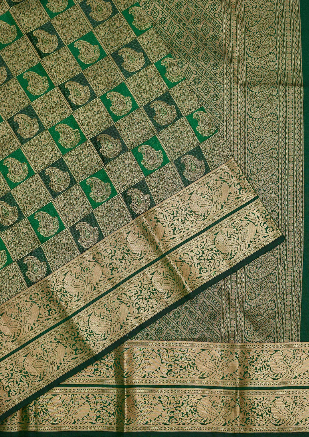Bottle Green Zariwork Pure Silk Saree-Koskii