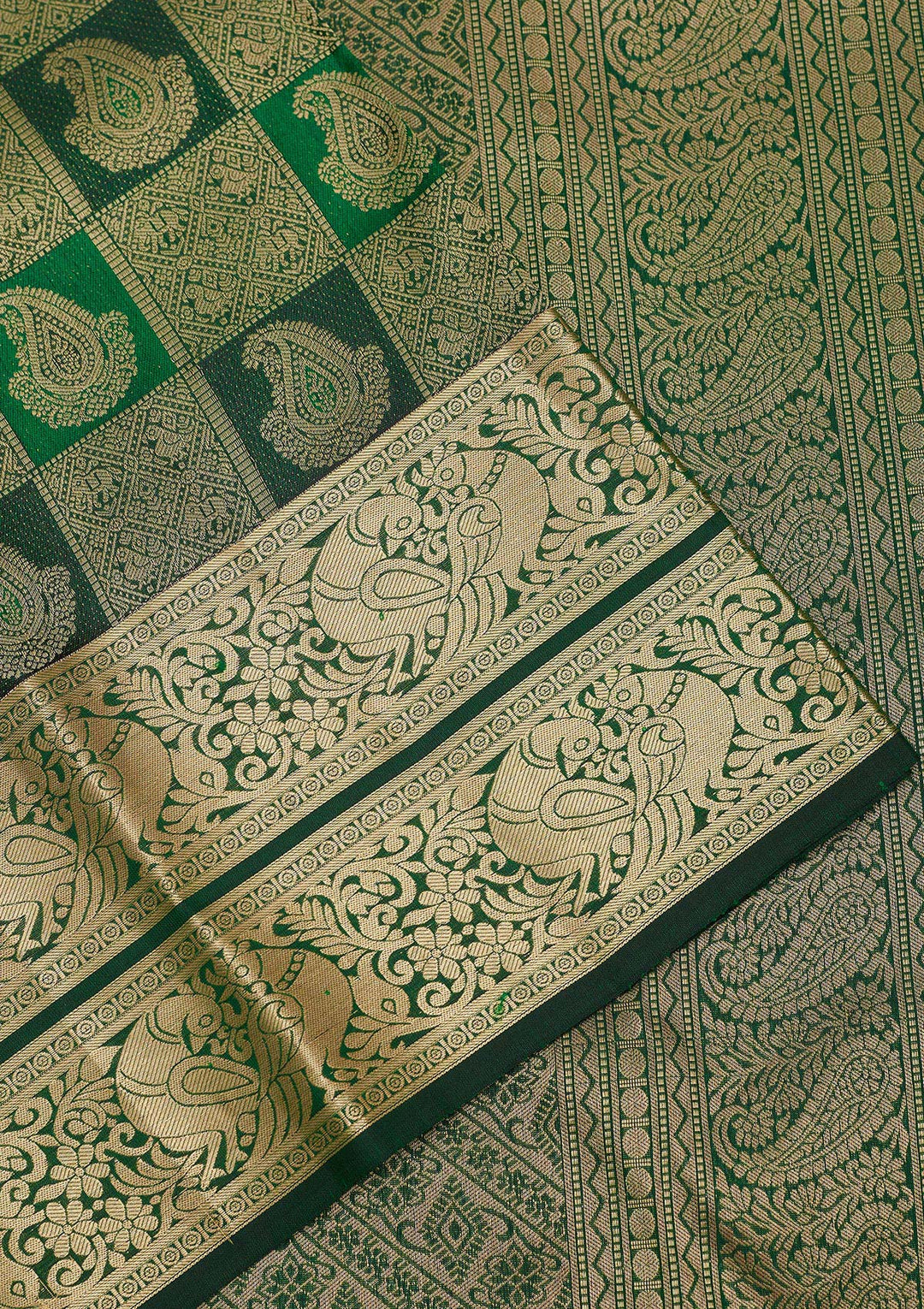 Bottle Green Zariwork Pure Silk Saree-Koskii