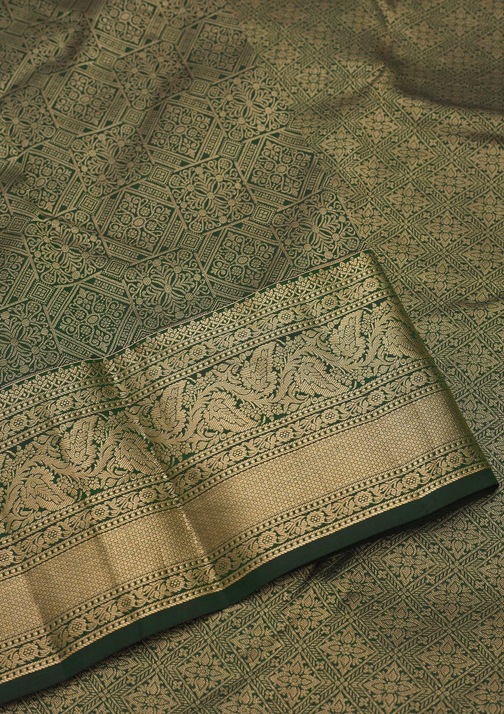 Bottle Green Zariwork Pure Silk Saree-Koskii