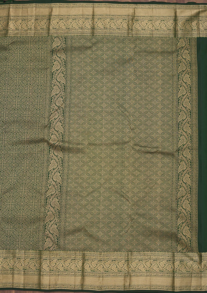 Bottle Green Zariwork Pure Silk Saree-Koskii