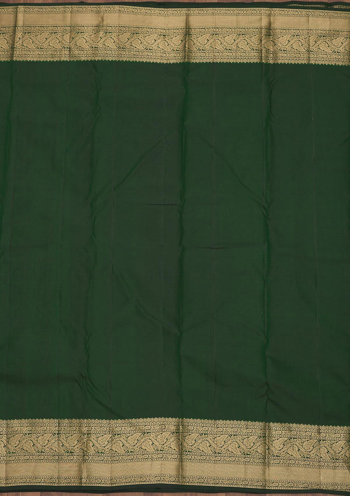Bottle Green Zariwork Pure Silk Saree-Koskii
