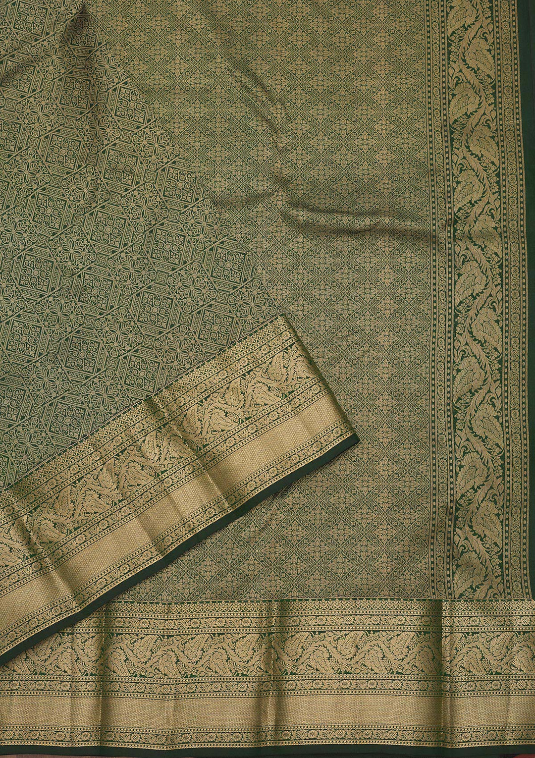 Bottle Green Zariwork Pure Silk Saree-Koskii