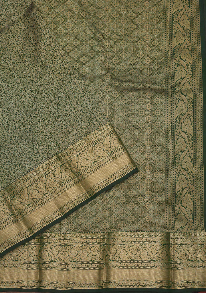 Bottle Green Zariwork Pure Silk Saree-Koskii