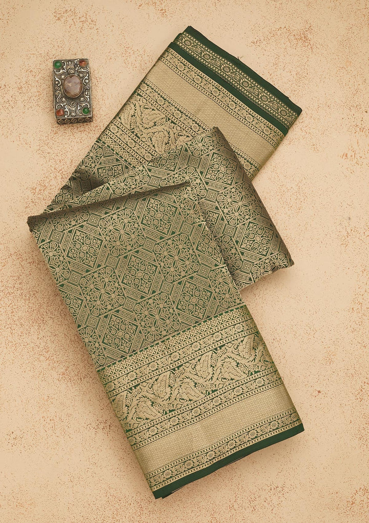 Bottle Green Zariwork Pure Silk Saree-Koskii