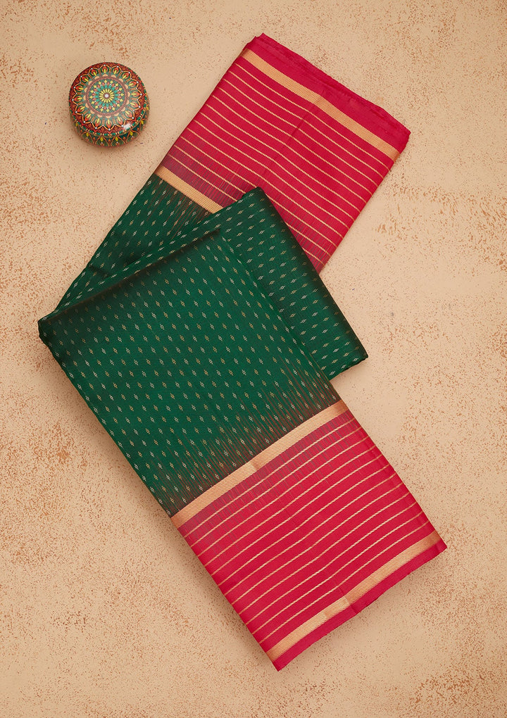 Bottle Green Zariwork Pure Silk Saree-Koskii