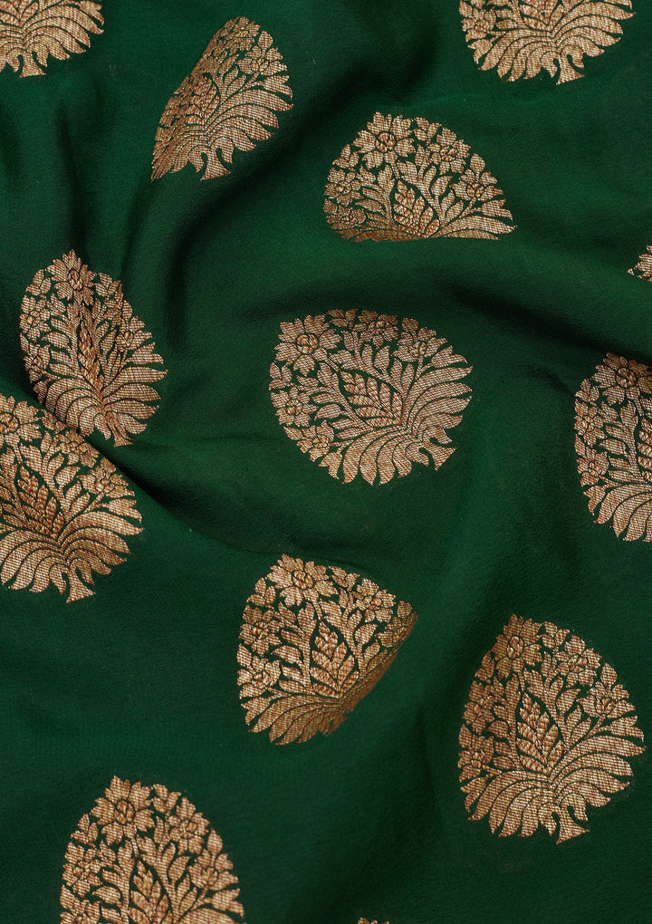 Bottle Green Zariwork Pure Silk Saree-Koskii