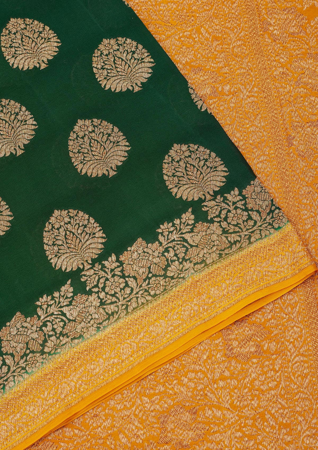 Bottle Green Zariwork Pure Silk Saree-Koskii