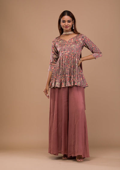 Brown Printed Satin Readymade Salwar Suit-Koskii