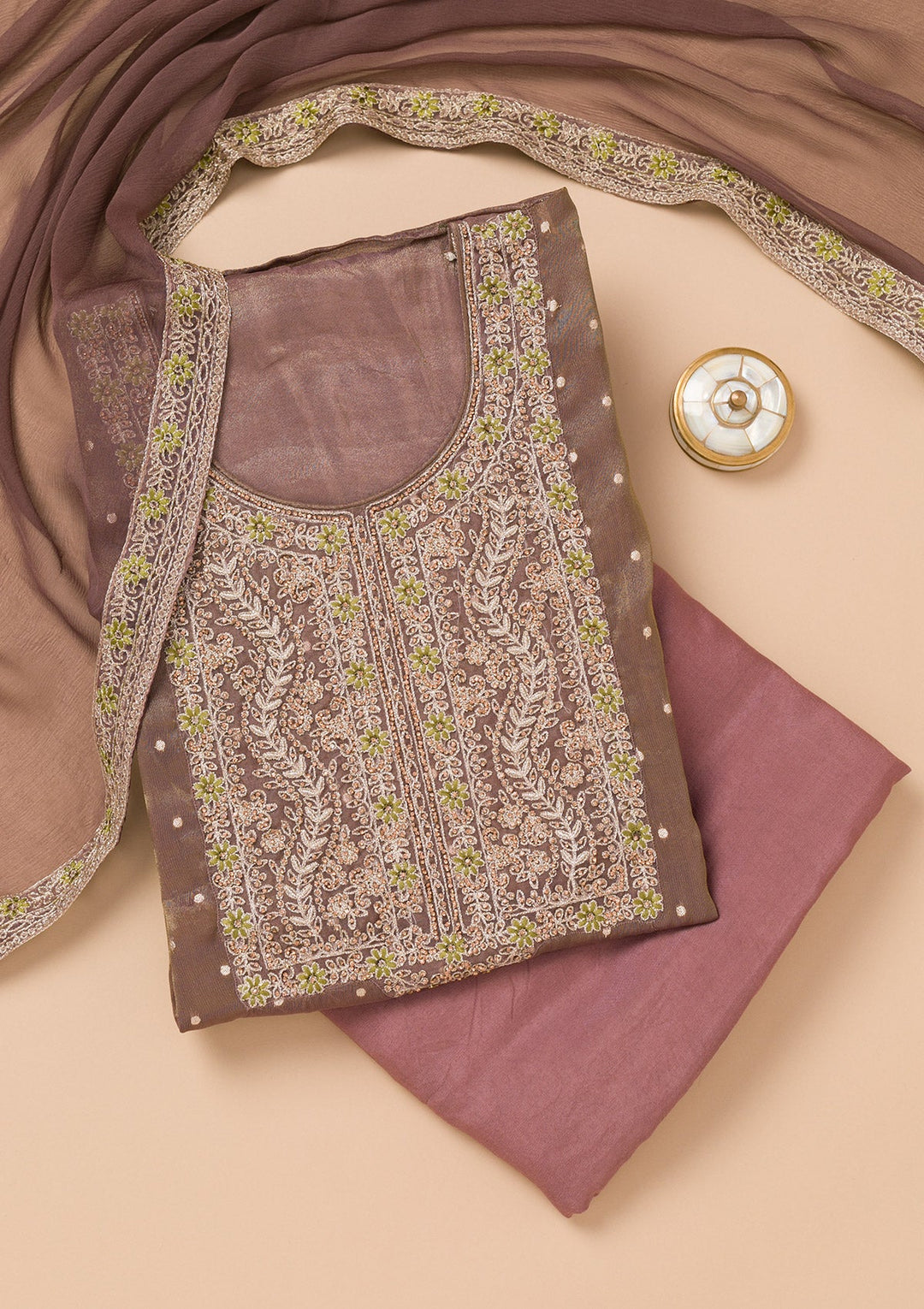 Brown Threadwork Organza Unstitched Salwar Suit-Koskii