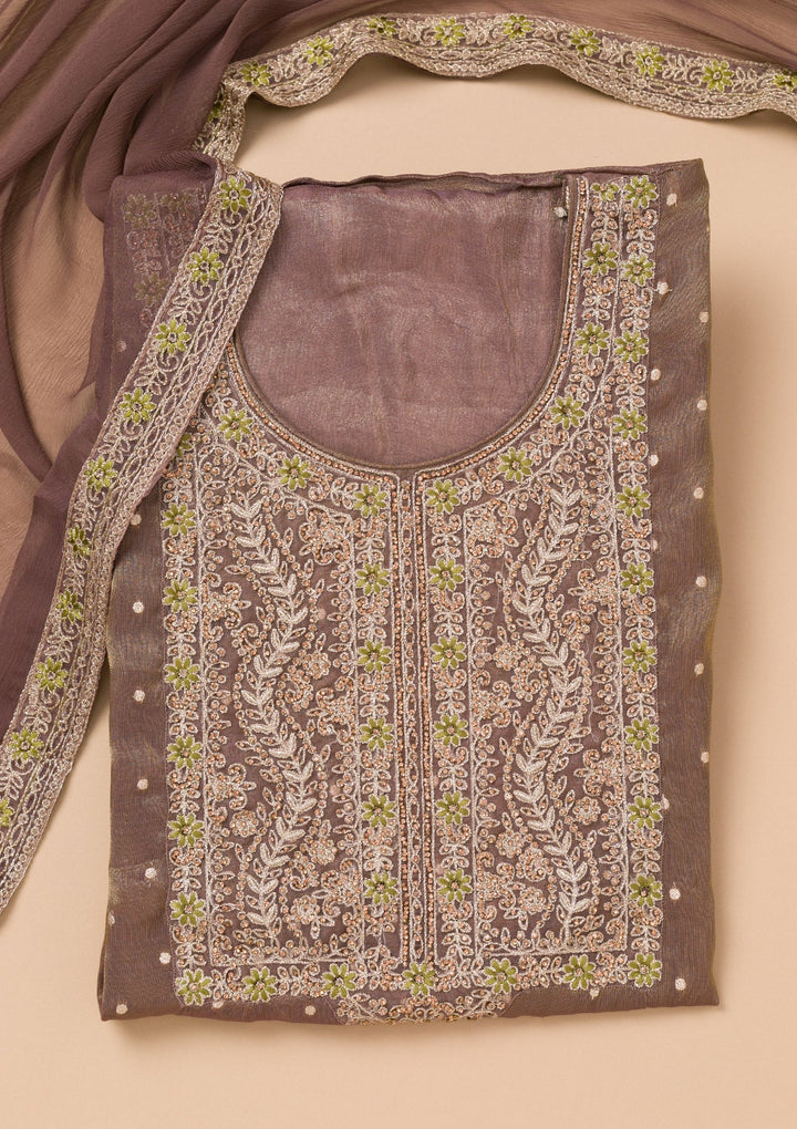 Brown Threadwork Organza Unstitched Salwar Suit-Koskii