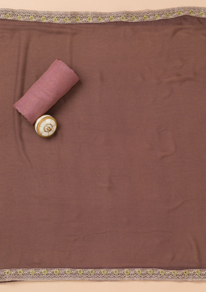 Brown Threadwork Organza Unstitched Salwar Suit-Koskii